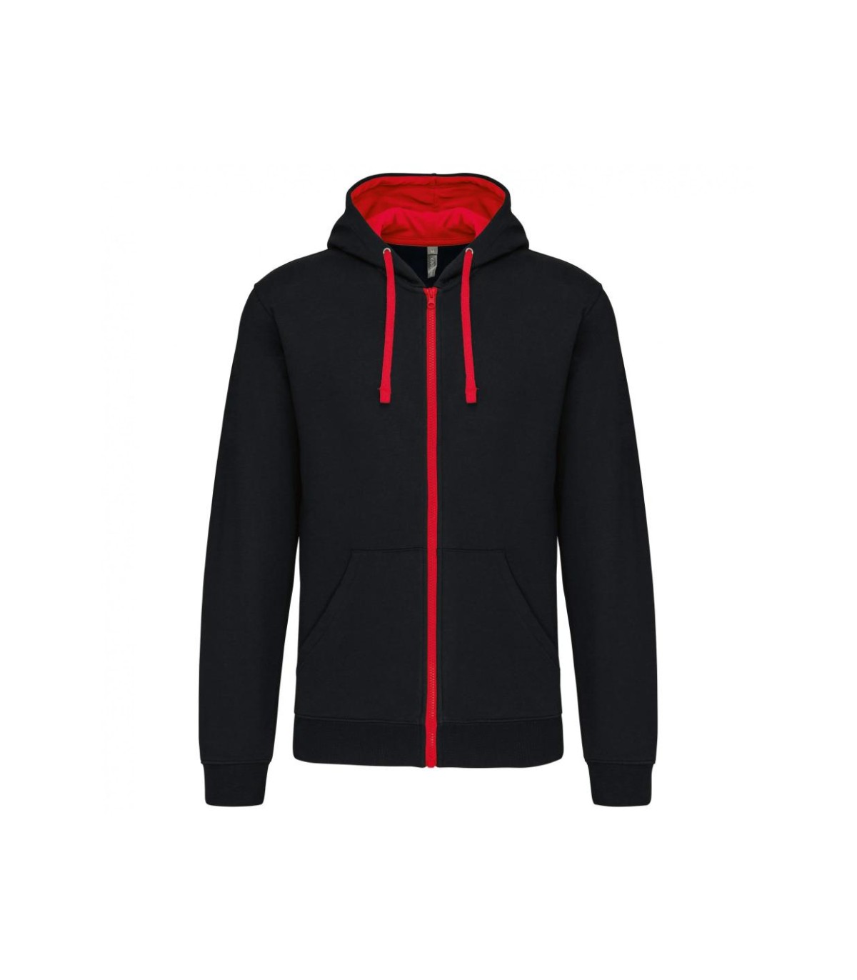 Sweat shirt zippe capuche contrastee noir rouge